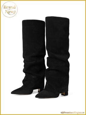 Fold Over Knee High Boots Wide Calf Chunky Block Heel Slip On Shark Boots